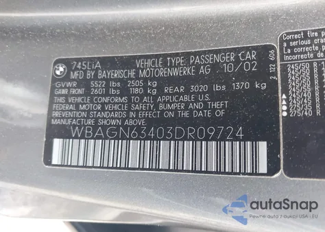 2003 BMW 745Li z USA, uszkodzony, nr VIN WBAGN63403DR09724